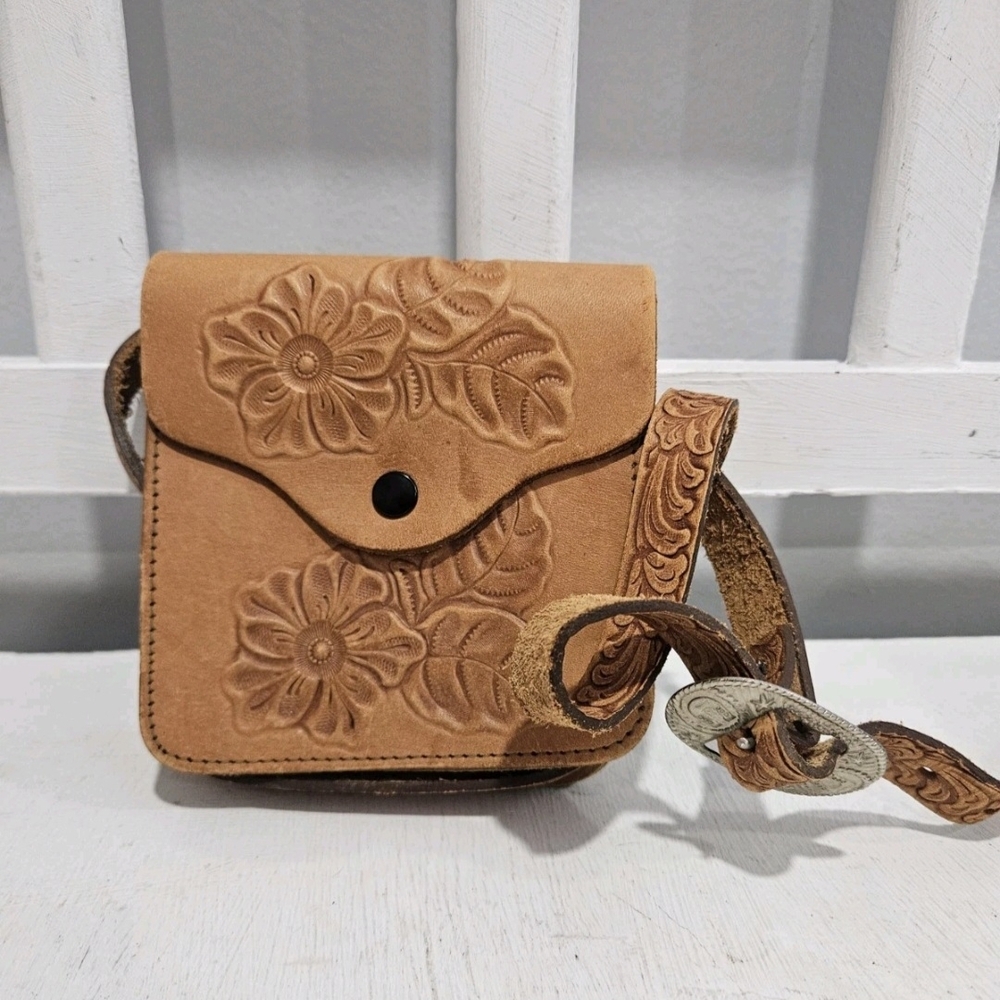 Handmade Embossed Floral Tan Leather Children's Mini Bag